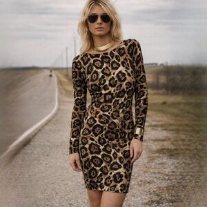 Vtg NWOT VS Moda International Leopard Print Long Sleeve Boat Neck Stretch Dress